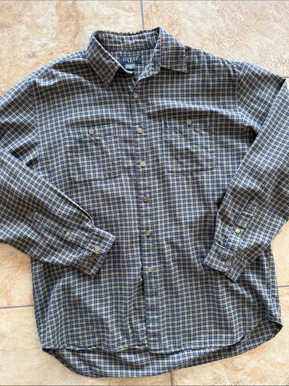 GUESS Men's Blue and Yellow Plaid Button-Up Shirt 100% cotton vintage